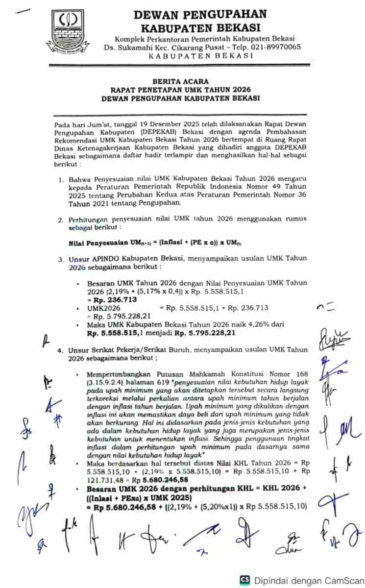 UMK Kabupaten Bekasi 2026 Disepakati Naik 6,84 Persen, Tembus Rp5,9 Juta Meski APINDO Menolak