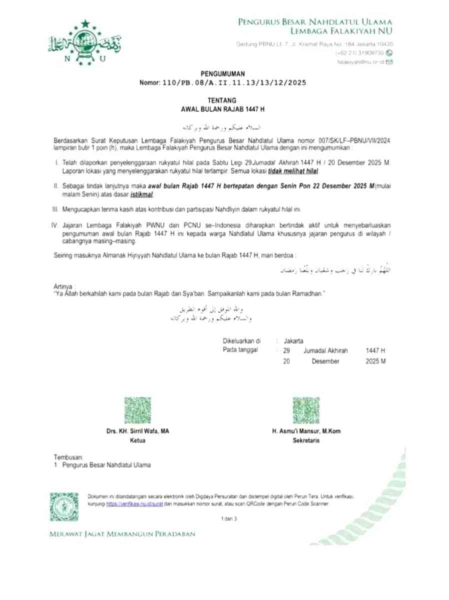 PBNU Tetapkan Awal Rajab 1447 H Jatuh pada 22 Desember 2025