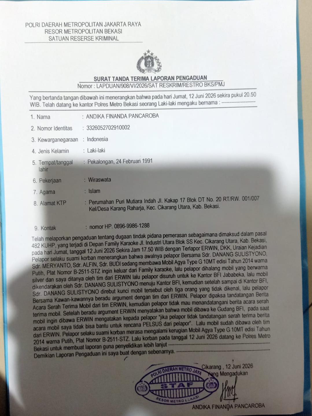 Kantor Hukum Meryanto S.H & Partner Dampingi Korban Dugaan Perampasan Kendaraan oleh Oknum Debt Collector di Cikarang