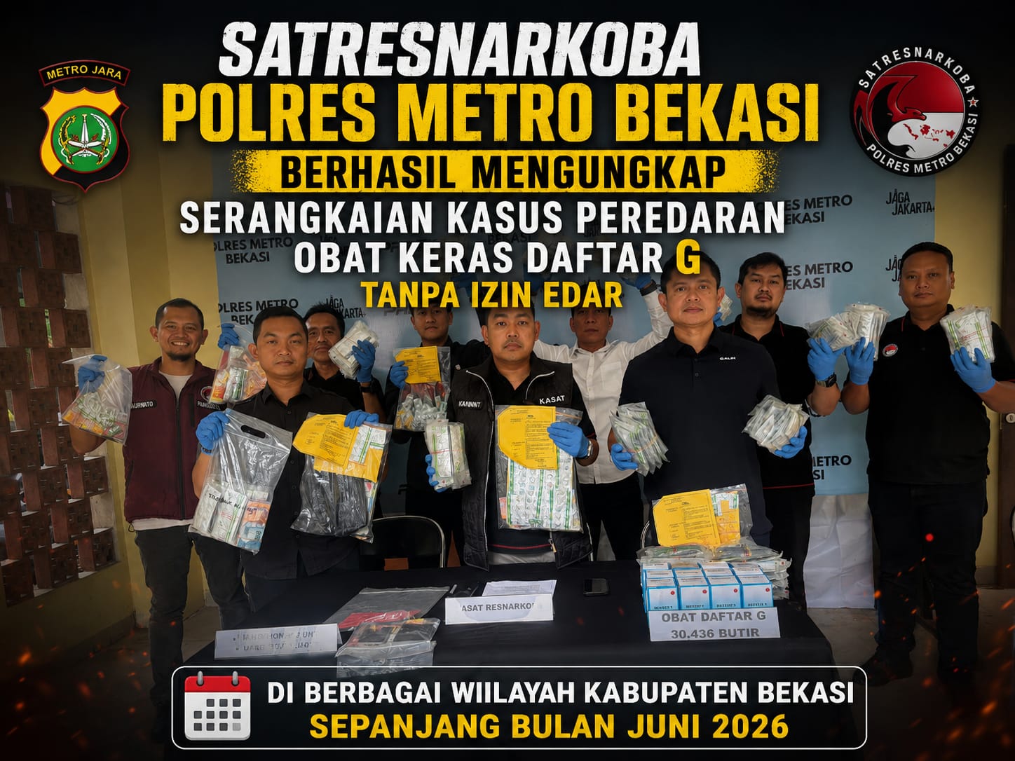 Dipimpinan Kasat Reskrim Polres Metro Bekasi dan Jajaran berhasil mengungkap sejumlah kasus peredaran obat keras daftar G tanpa izin selama periode 1 Juni hingga 23 Juni 2026.