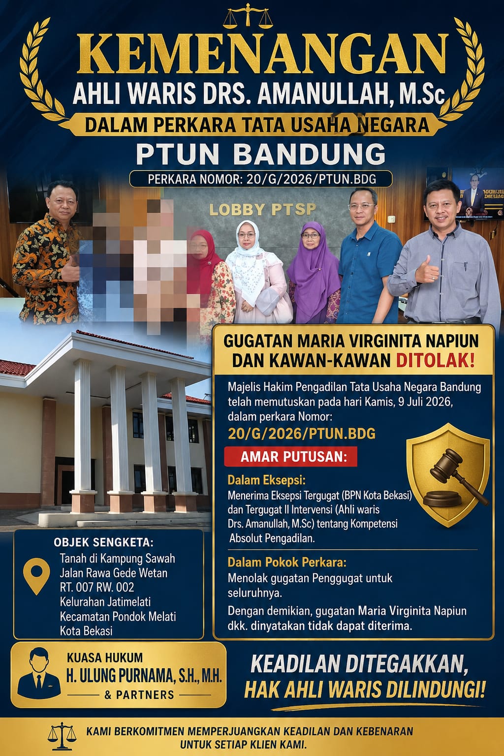 Ahli Waris Drs. Amanullah, M. Sc Memenangkan Perkara Tata Usaha Negara Bandung Dalam Perkara Nomor: 20/G/2026/PTUN BANDUNG terhadap gugatan Maria Viginita Napiun DKK