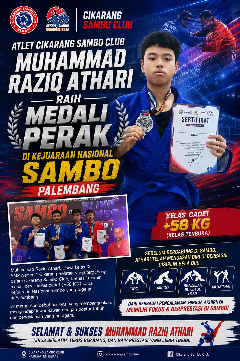 Atlet Cikarang Sambo Club Muhammad Raziq Athari Raih Medali Perak di Kejuaraan Nasional Sambo Palembang