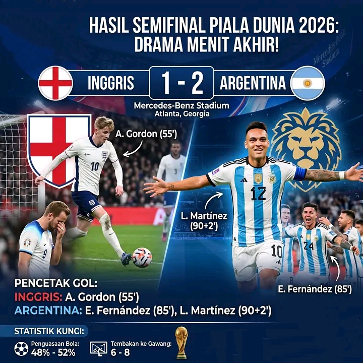 Argentina Bangkit Gerus Inggris 2-1, La Albiceleste Tantang Spanyol di Final Piala Dunia 2026
