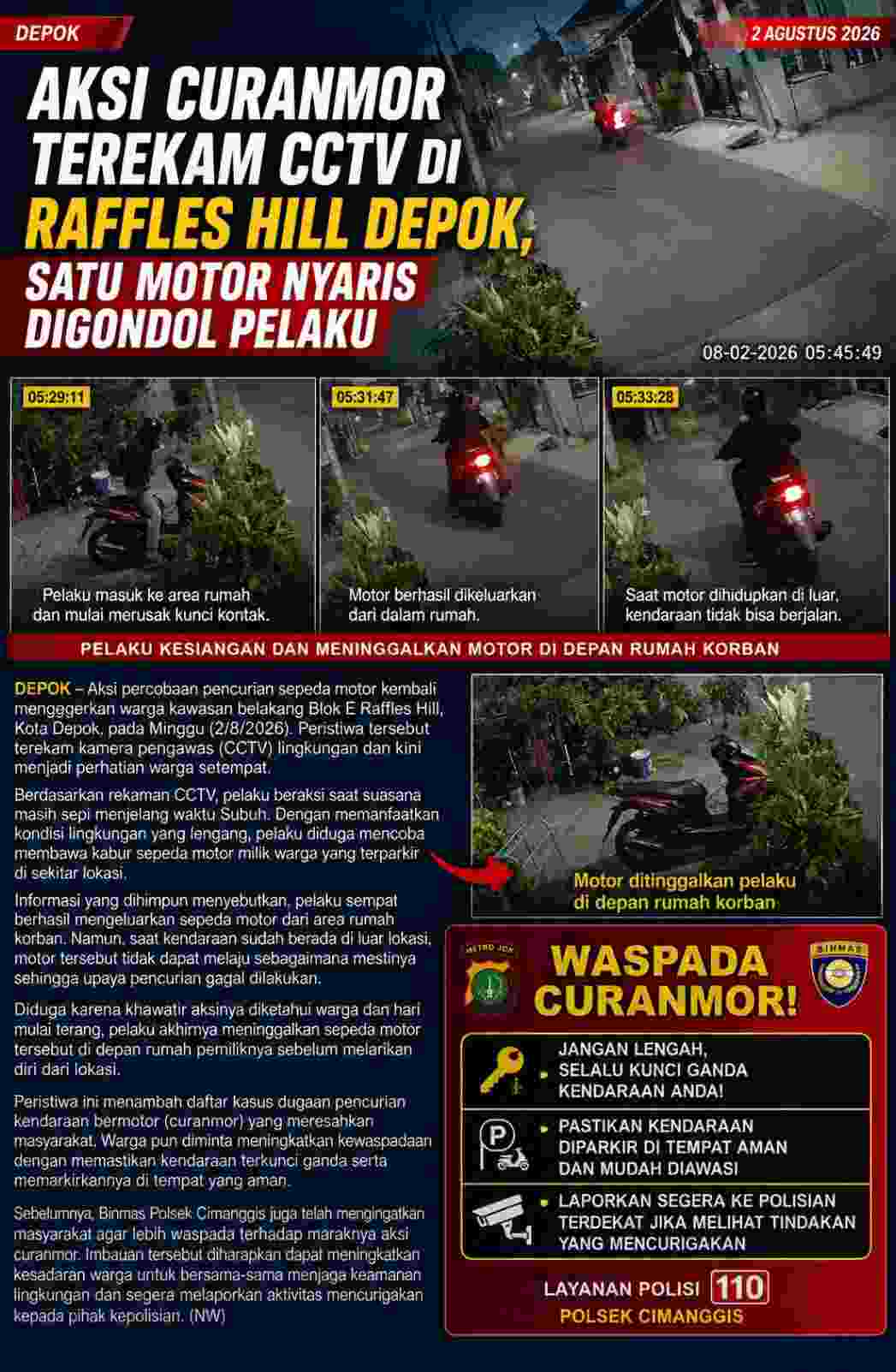 Aksi Curanmor Terekam CCTV di Raffles Hill Depok, Satu Motor Nyaris Digondol Pelaku