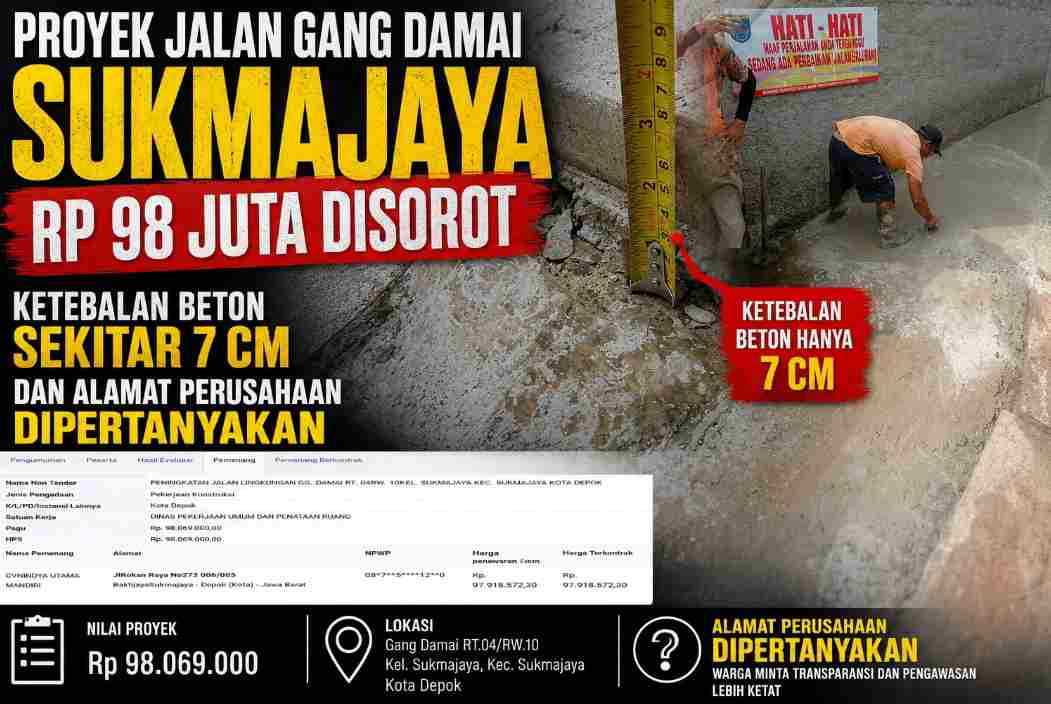 Proyek Jalan Gang Damai Sukmajaya Rp98 Juta Disorot, Ketebalan Beton Sekitar 7 Cm dan Alamat Perusahaan Dipertanyakan
